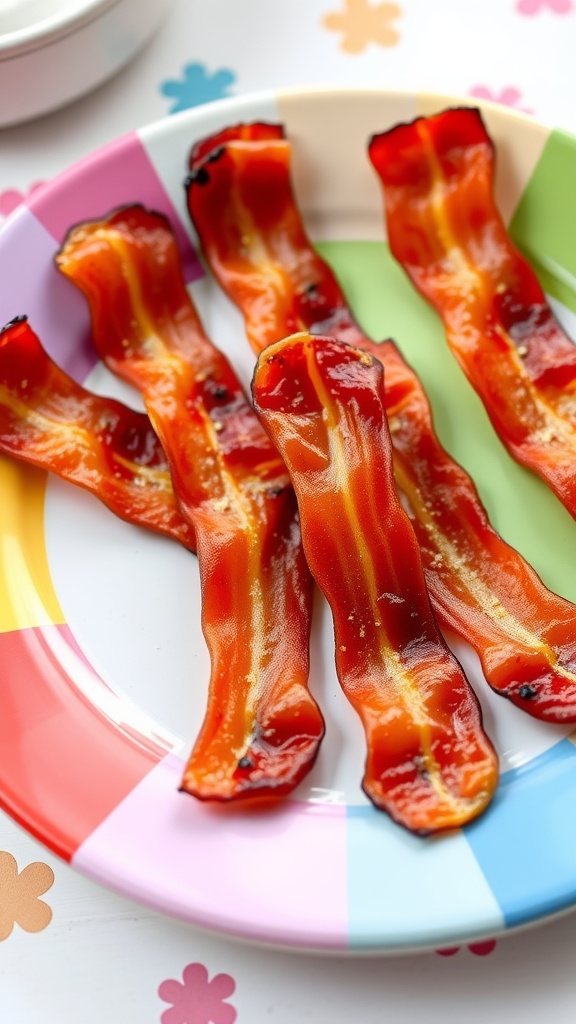 Crispy 8-bit bacon snack arranged in squares on a colorful plate.